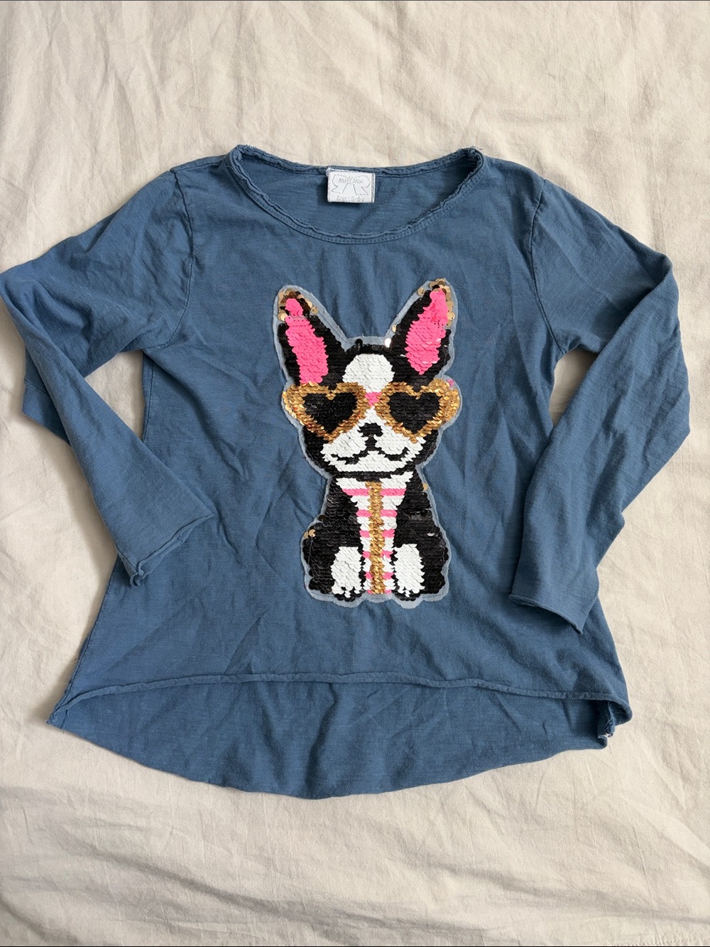 Girls' Blue Long-Sleeve Top with Sequin Dog Graphic sz 5-6y